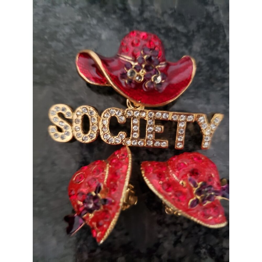Vintage Red Hat Society Brooch & Earrings Set Gold tone Rhinestone Clip on
